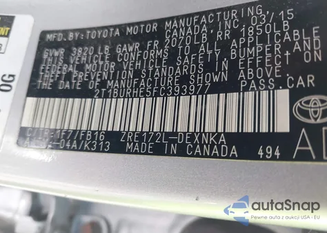 2015 Toyota Corolla Le z USA, uszkodzony, nr VIN 2T1BURHE5FC393977